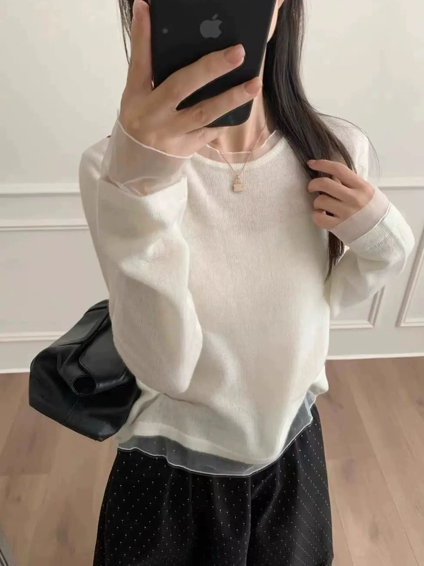 Elegant Splice Long Sleeve T-Shirt Women's Base Shirt round Neck Slimming Inner Wear Spring 2026 Comfortable Breathable Korea...