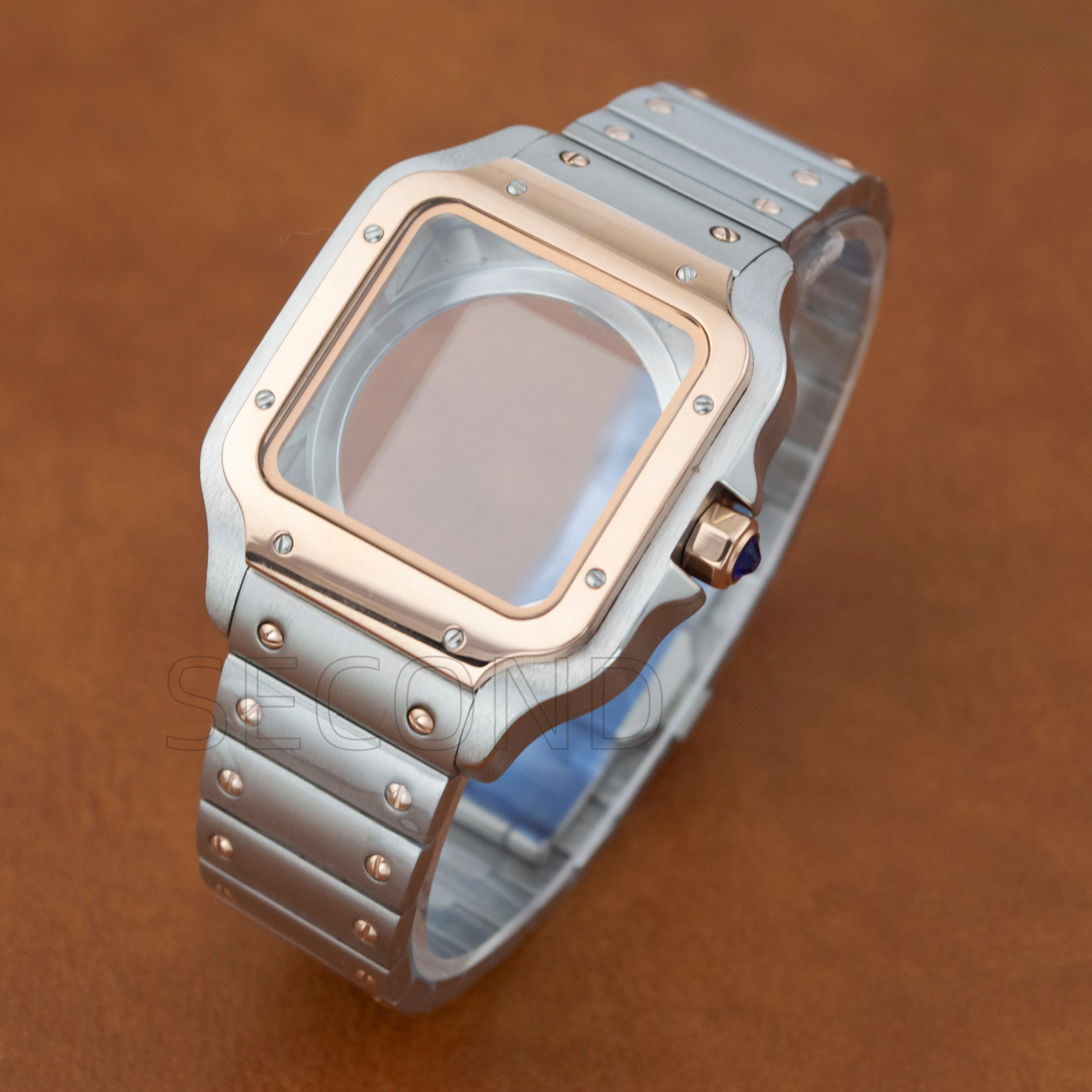 38mm Black PVD Square Watch Case Solid Stainless Steel Strap Waterproof For Santos NH35 NH36 Movement Waterproof Men Watch Parts