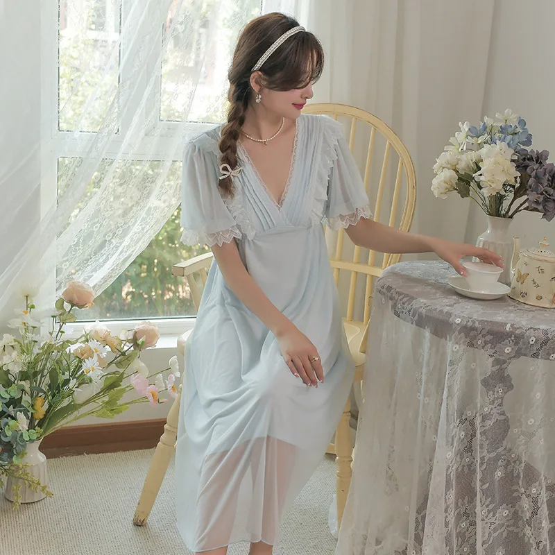 Vintage V-neck Short Sleeve Princess Long Nightgowns For Women Summer Modal Gzuze Lace  Long Sleepwear