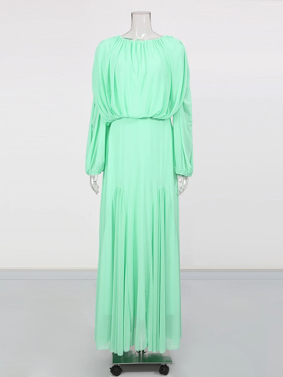 TWOTWINSTYLE Solid Spliced Plooien Minimalistische Jurken voor Vrouwen Ronde Hals Lange Mouwen Hoge Taille Elegante Jurk Vrouwelijke Herfst Nieuwe - afbeelding 1