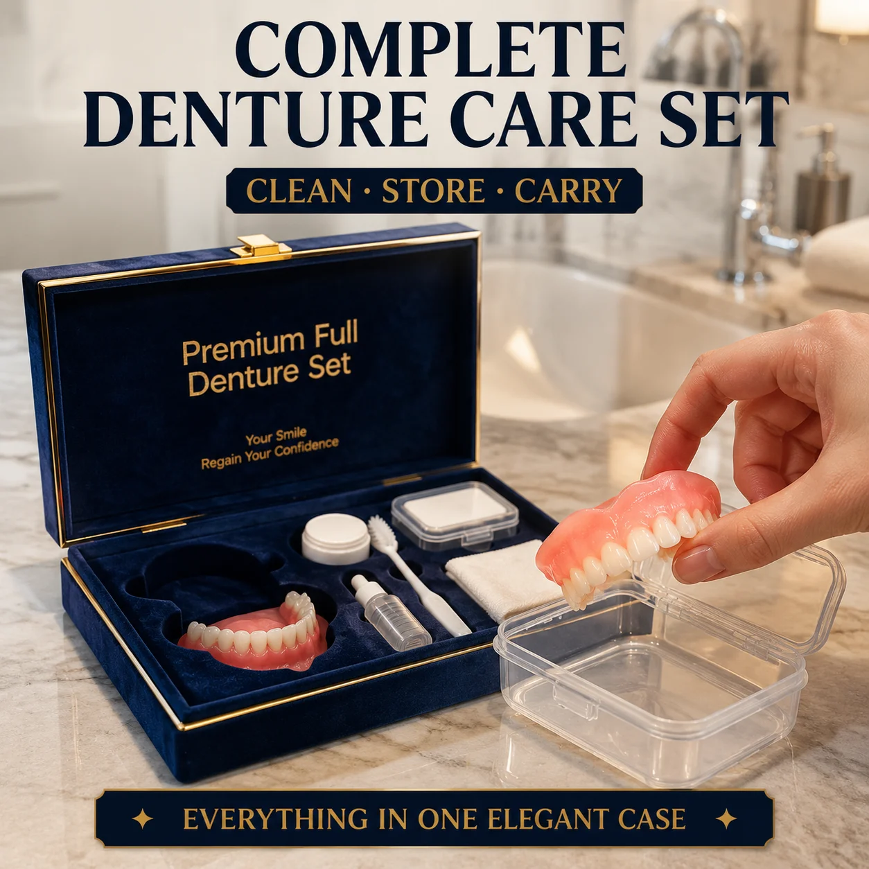 Natural Cosmetic Full Denture Kit Realistic Sofe Upper & Lower Teeth With Cleaning Tools Comfortable Fit Portable