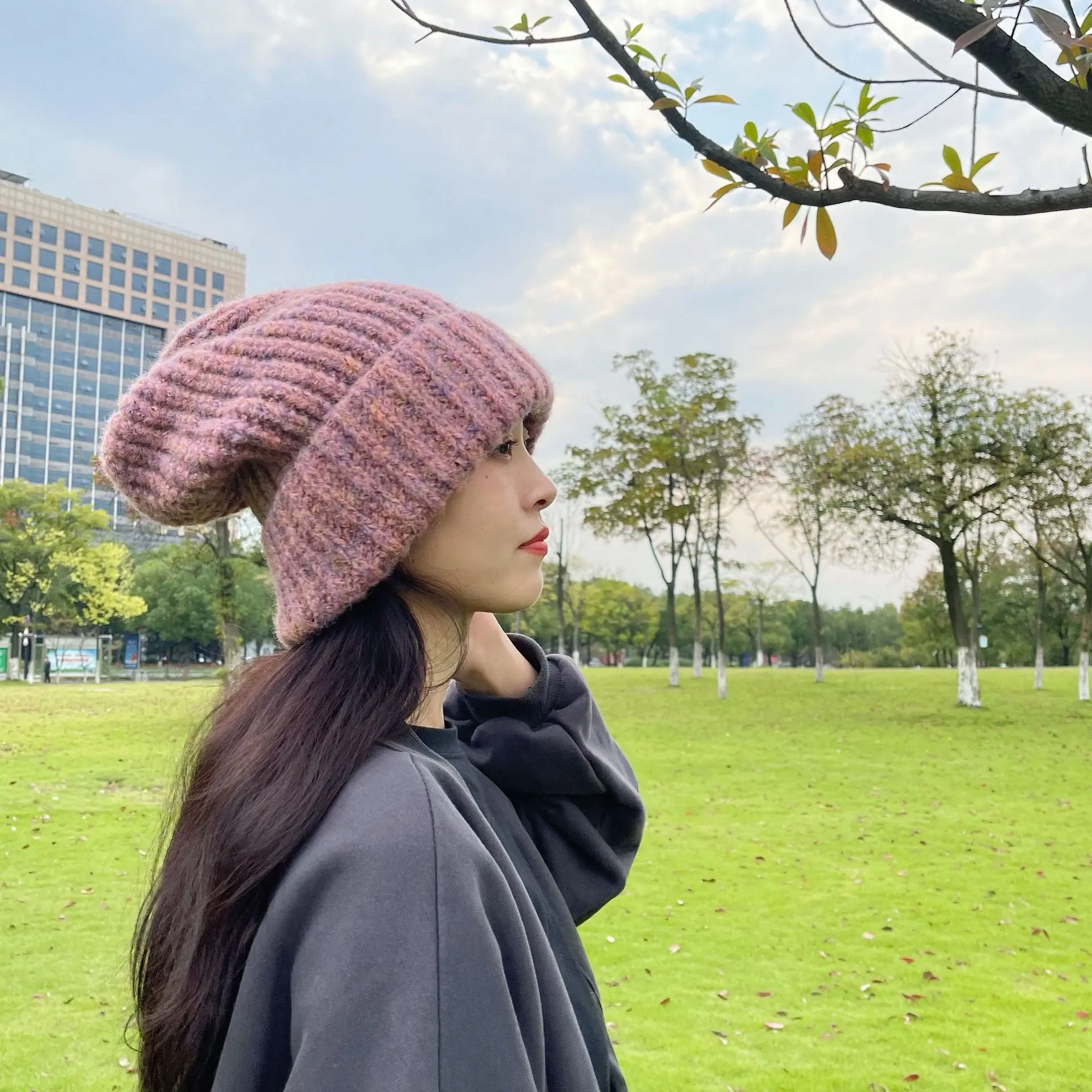 2023 winter new big head round knitted hat thick soft waxy large version curly edge yarn pile hat