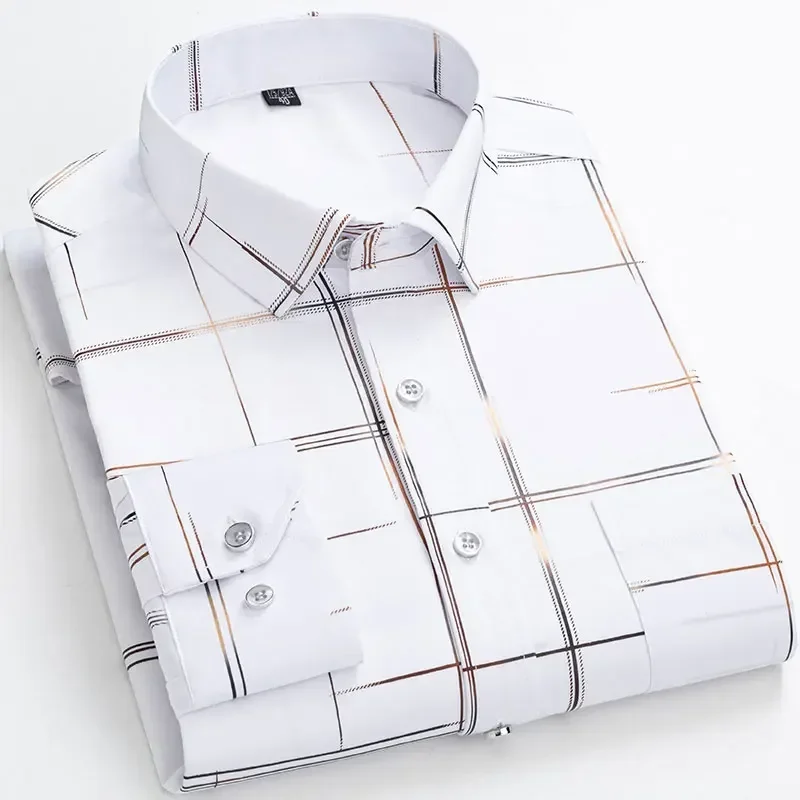 

Plus Size 6XL 5XL Men‘s Casual Elastic Long Sleeve Printed Shirt Soft Regular Fit Fashion Thin High Quality Business Dress Shirt