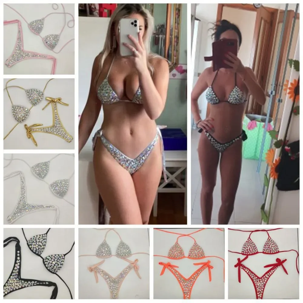 

Luxury Bikini 2-piece Swimsuit Sexy Women's Rhinestone Bra and Thong Suit Gathered High Waist Swimsuit Shiny Fashion Beach Dress