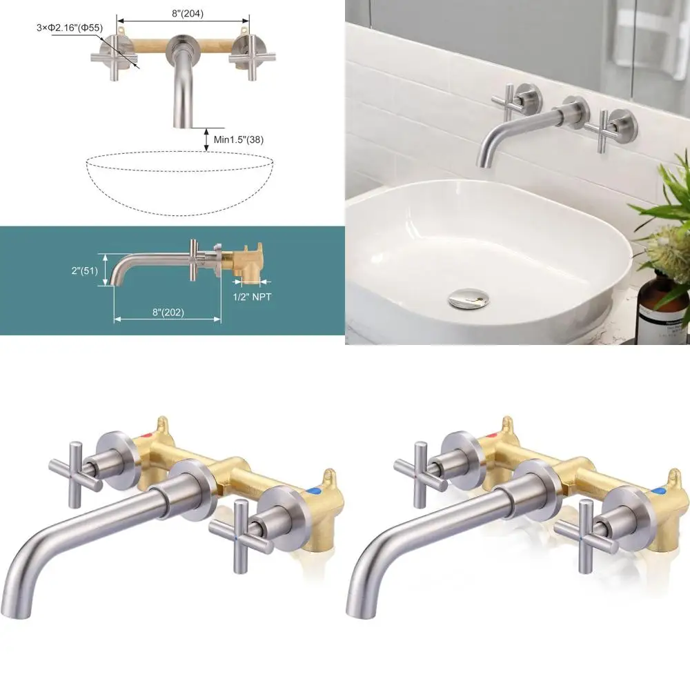 

Dual Handle Wall-Mounted Vessel Sink Faucet with Nickel Finish and Included Rough-In Valve