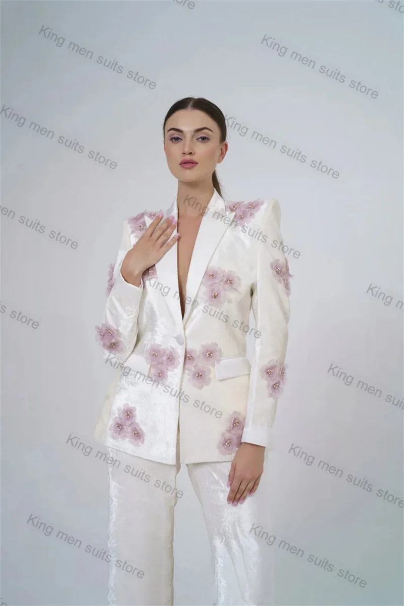 White Satin Women Suit Set Wedding 2 Piece Jacket+Pants 3D Flower Beaded Formal Office Lady Tuxedo Prom Dress Custom Size Coat