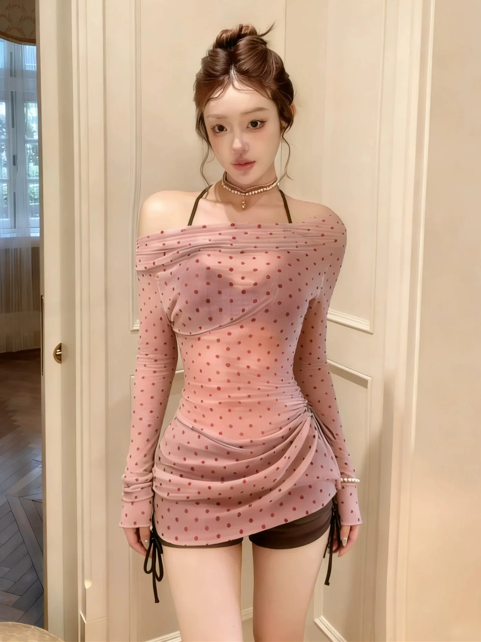 

Купальник Pure Desire: розовый в горошек, с длинными рукавами, комплект из трех предметов, для небольшой груди, с эффектом пуш-ап, сексуальный, для отдыха на горячих источниках