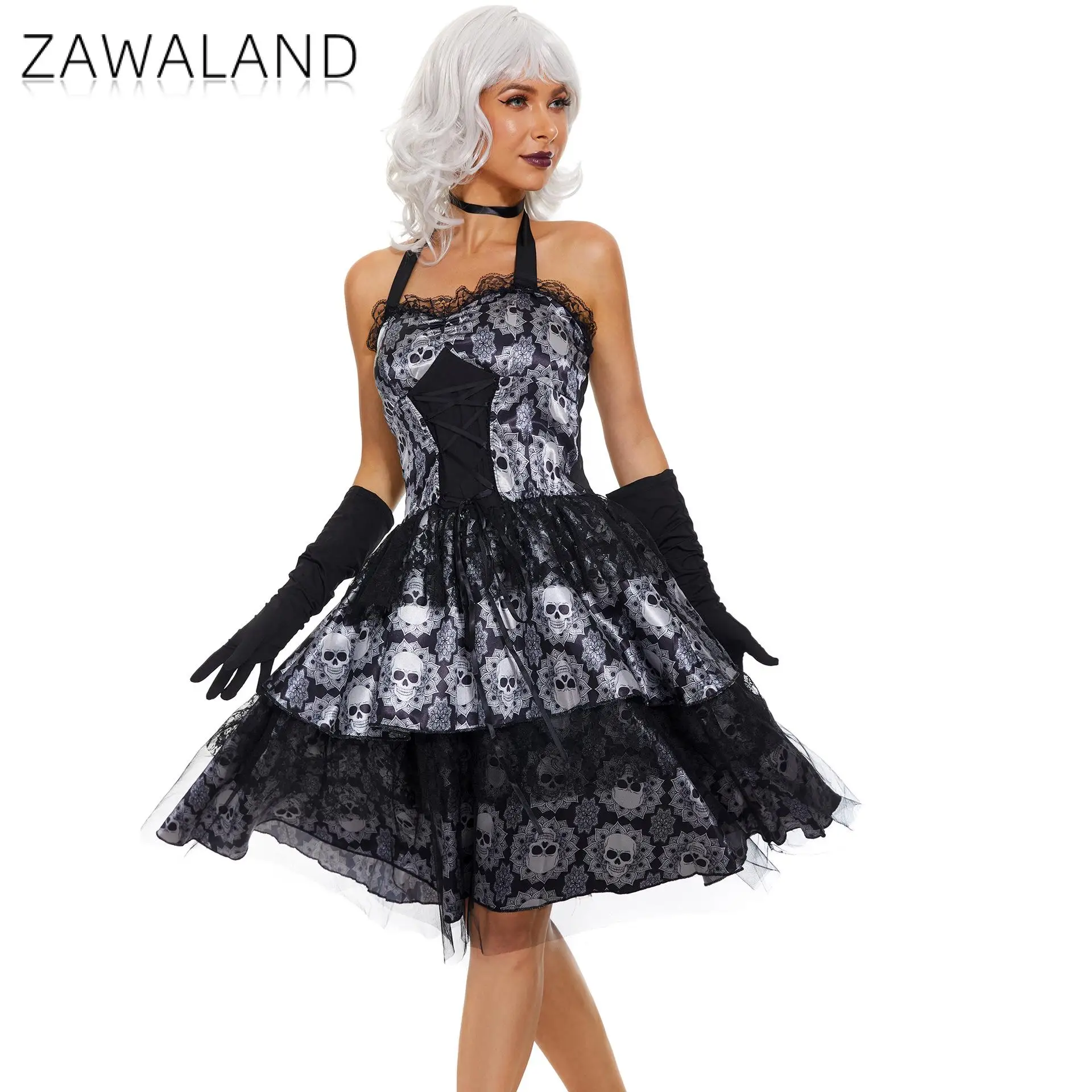

Платье-халтер Zawaland с принтом «Сахарный череп» в стиле День мертвых, готическое, многослойное, из фатина, для Хэллоуина, косплея, вечеринок, сексуальное платье