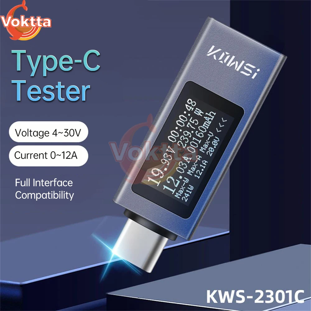 KWS USB Type-C Interface Tester DC 4-30V 12A Digital Voltmeter Ammeter Power Meter Voltage Current Meter Battery Charging Tester