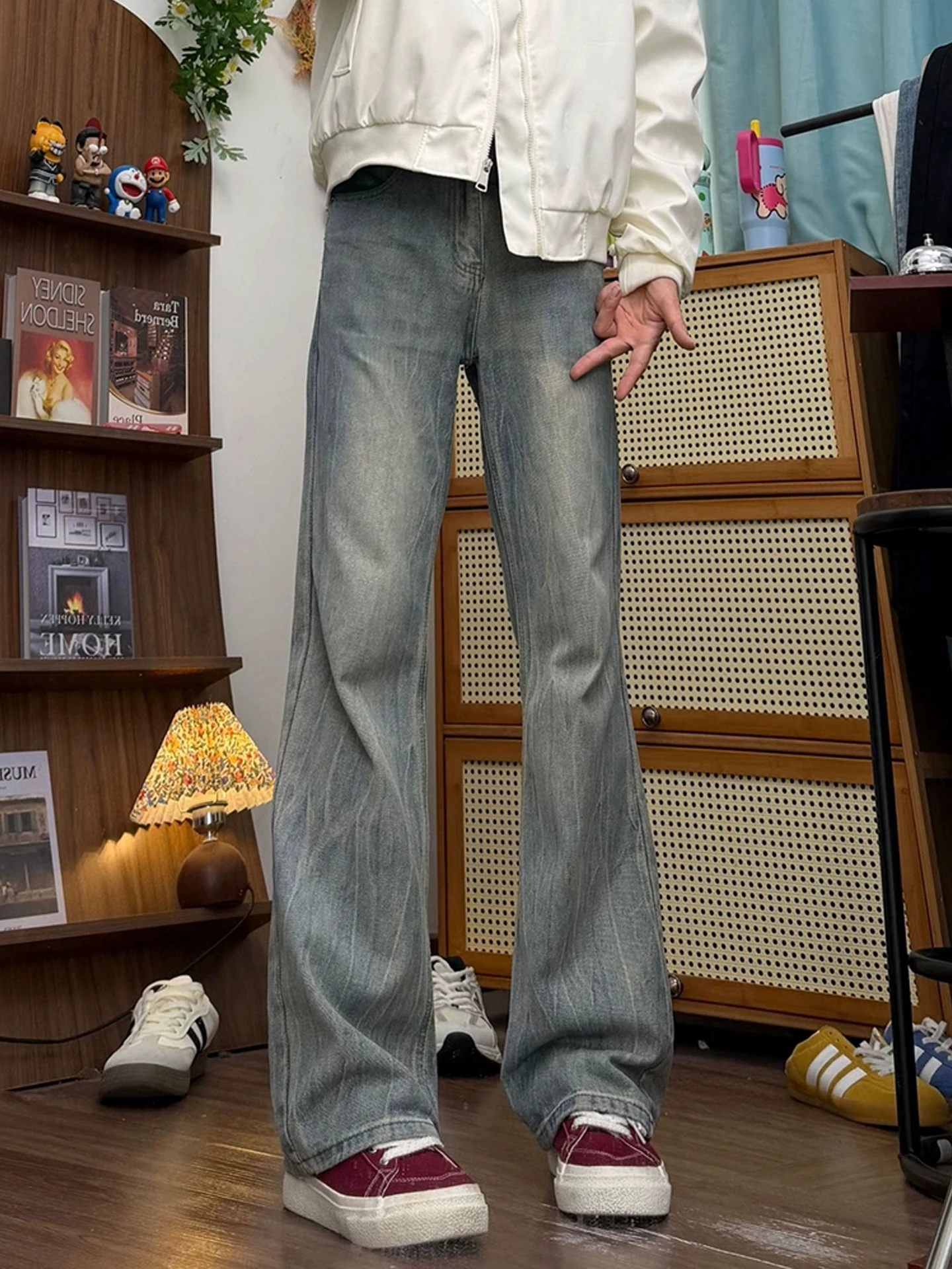 

Мужские джинсы синие прямые зауженные с высокой талией, осенние, в американском стиле High Street, с дизайном «нож», повседневные, для путешествий