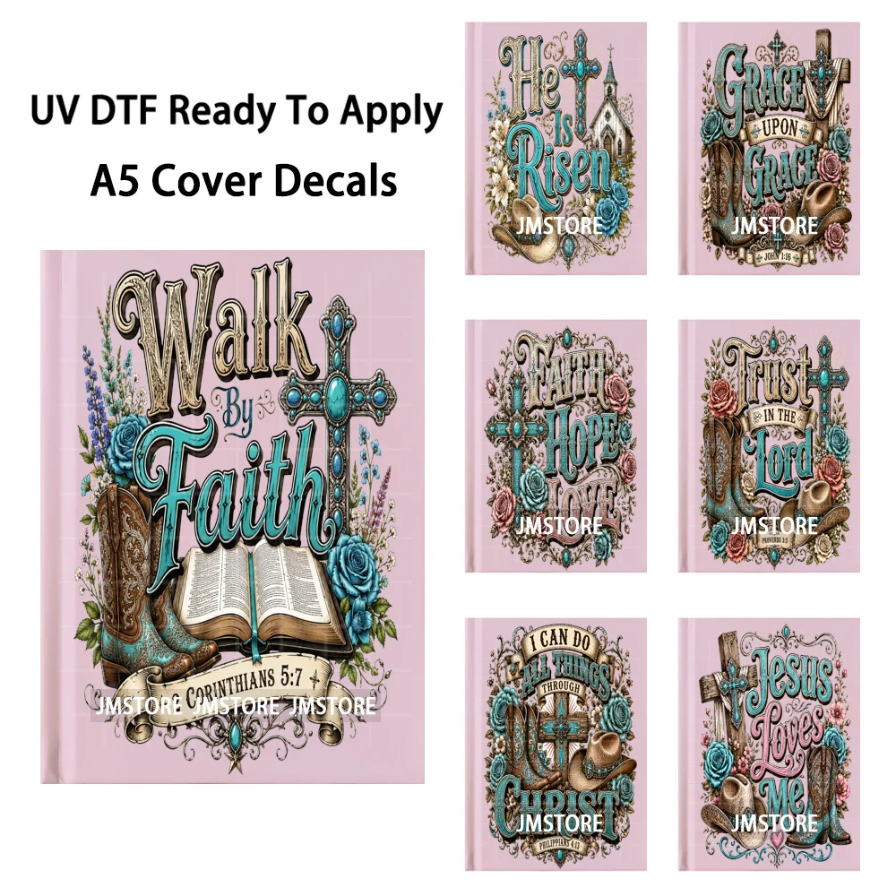 Floral Western Christian Cowgirl UV DTF Decals A5 Notebook Waterproof Ready To Apply Transfer Stickers Wraps For Journal Cover