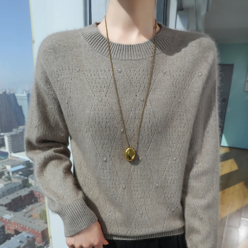 New 100% Mink Sweater Women's Sweater Round Neck Loose Long Seeve Pullover Casual Bottoming Comfortable Warm Top.