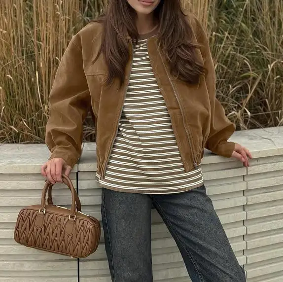 

Осенне-зимняя винтажная классическая коричневая замшевая куртка для женщин, модная и модная мотоциклетная стильная крутая и красивая куртка