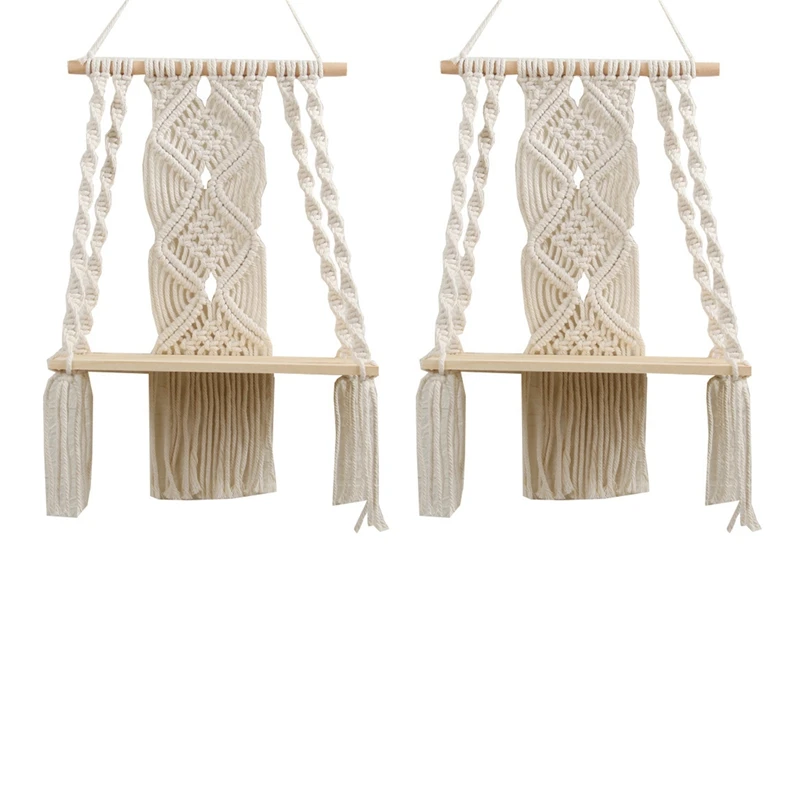 

Promotion! 2X Boho Macrame Wall Hanging Shelf Handmade Woven Tassel Tapestry Rack Wood Floating Storage Hanger For Home Wall Dec