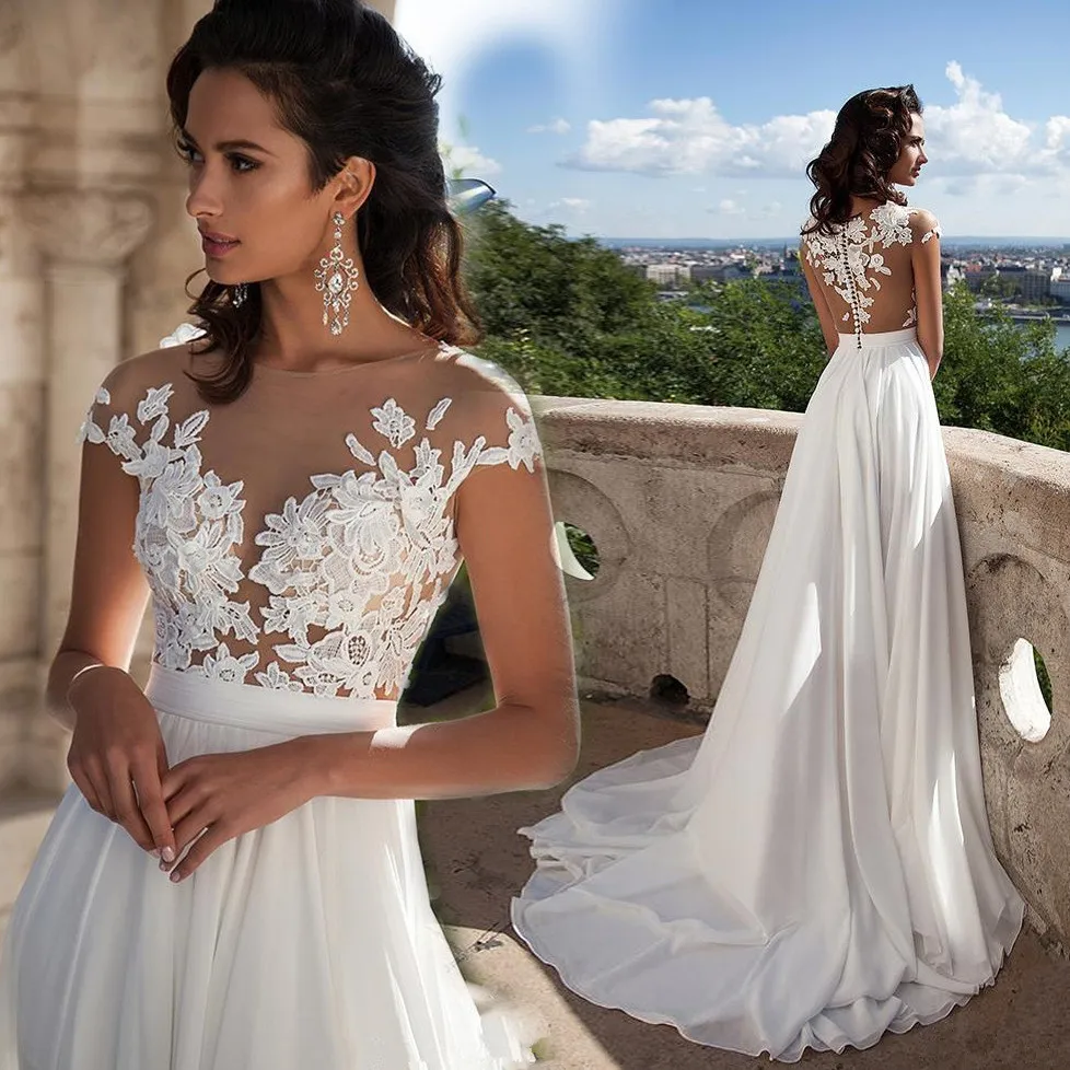 

Sexy Off The Shoulder Wedding Dress Illusion Sweep Train Lace V-neck A-line Simple Bridal Gowns Party Dresses Vestido De Noiva