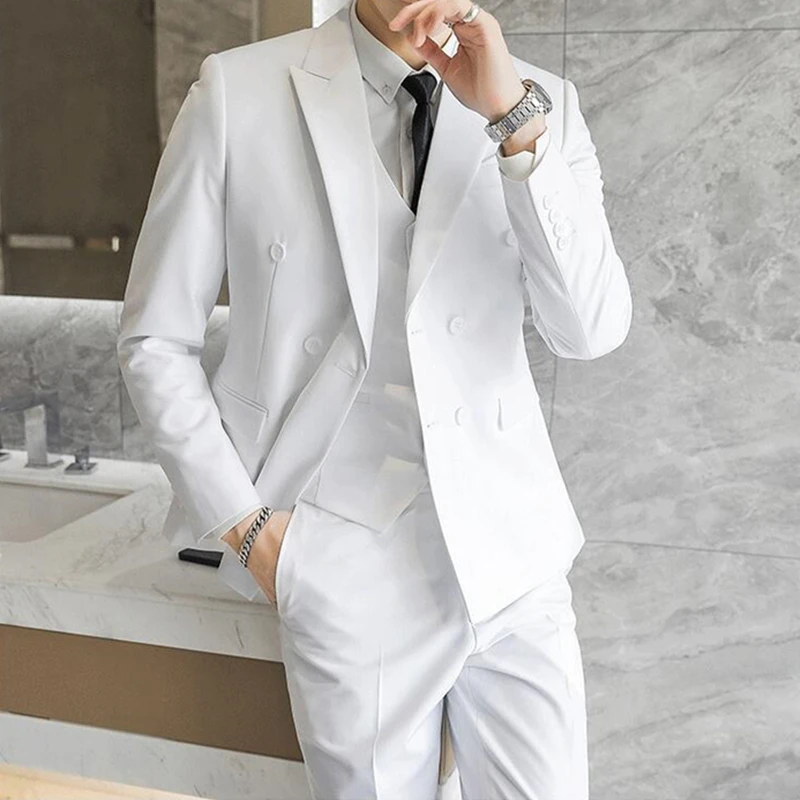 2023 Fashion New Men\'s Casual Business Double Breasted 3 Pcs Suit Set / Male Slim Solid Color Wedding Blazers Jacket Vest Pants