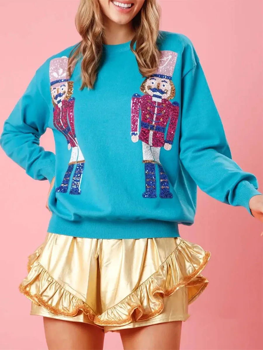 Feminino feio natal lantejoulas quebra-nozes moletom bonito feriado gráfico camiseta crewneck manga longa pulôver camisola topo