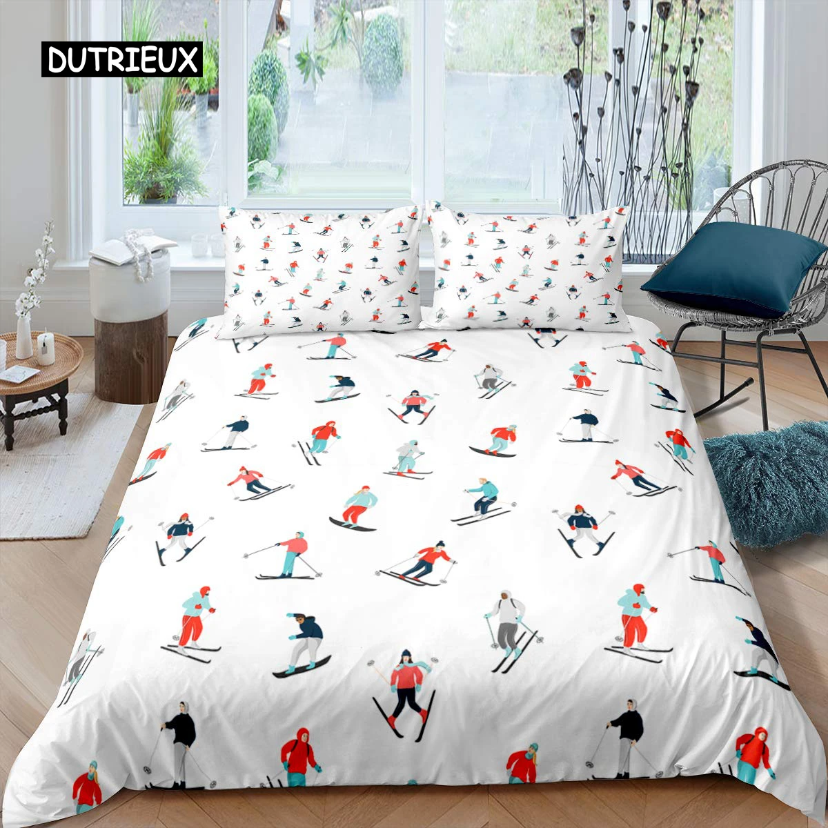 Skiing Duvet Cover Set Cartoon Ski Bedding Set Sports Theme Comforter Cover Extreme Sport Design Queen King Size Quilt Cover