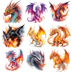 9-Pcs Fire Dragon Themed Iron-On Transfer Stickers,Vinyl Heat Transfer Patches for DIY Clothing Backpack Heat Transfer Film