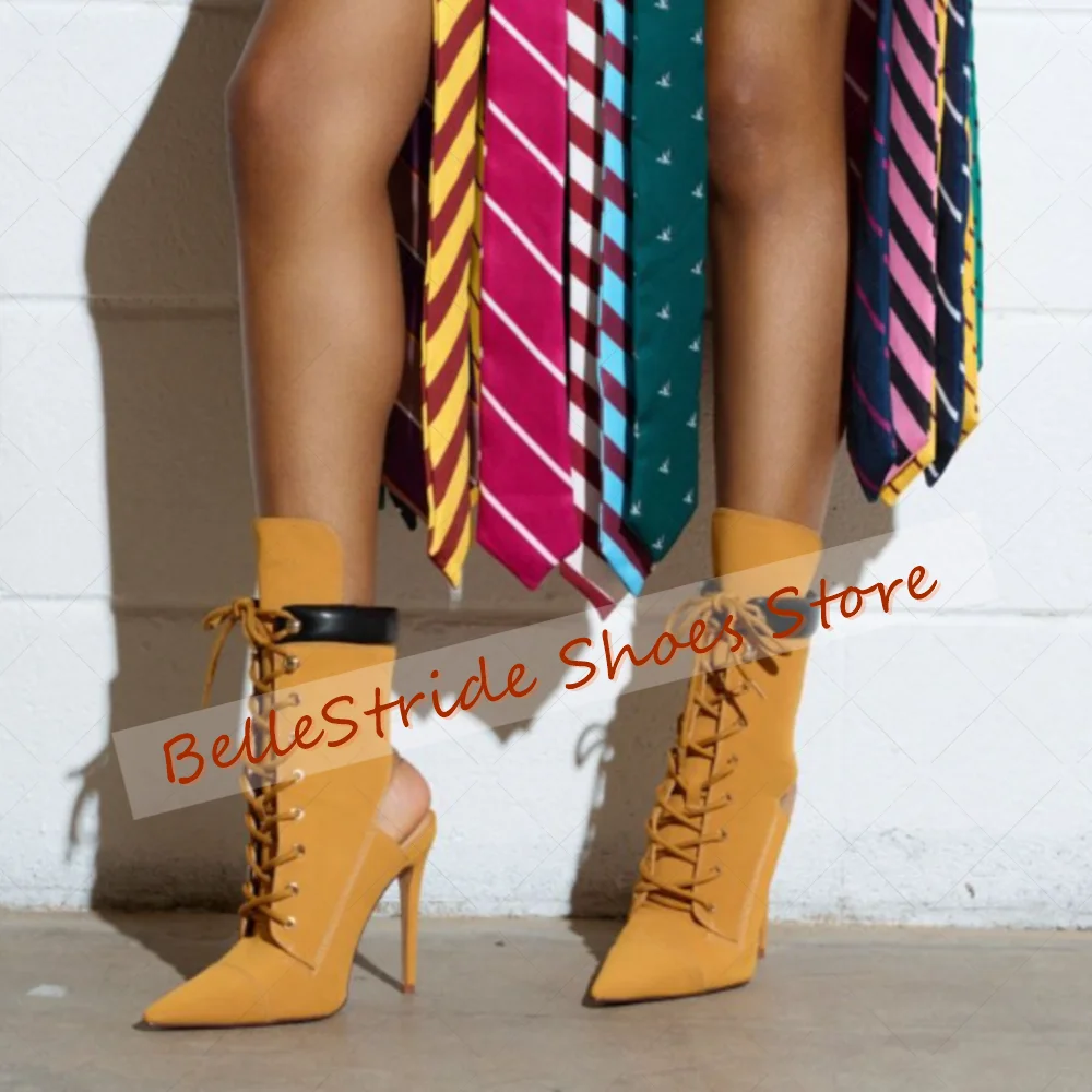 الأصفر أشار تو الدانتيل يصل حذاء من الجلد موضة أحذية النساء الخناجر عالية الكعب مأدبة الحفلات يؤرخ 2025 Zapatos Para Mujere