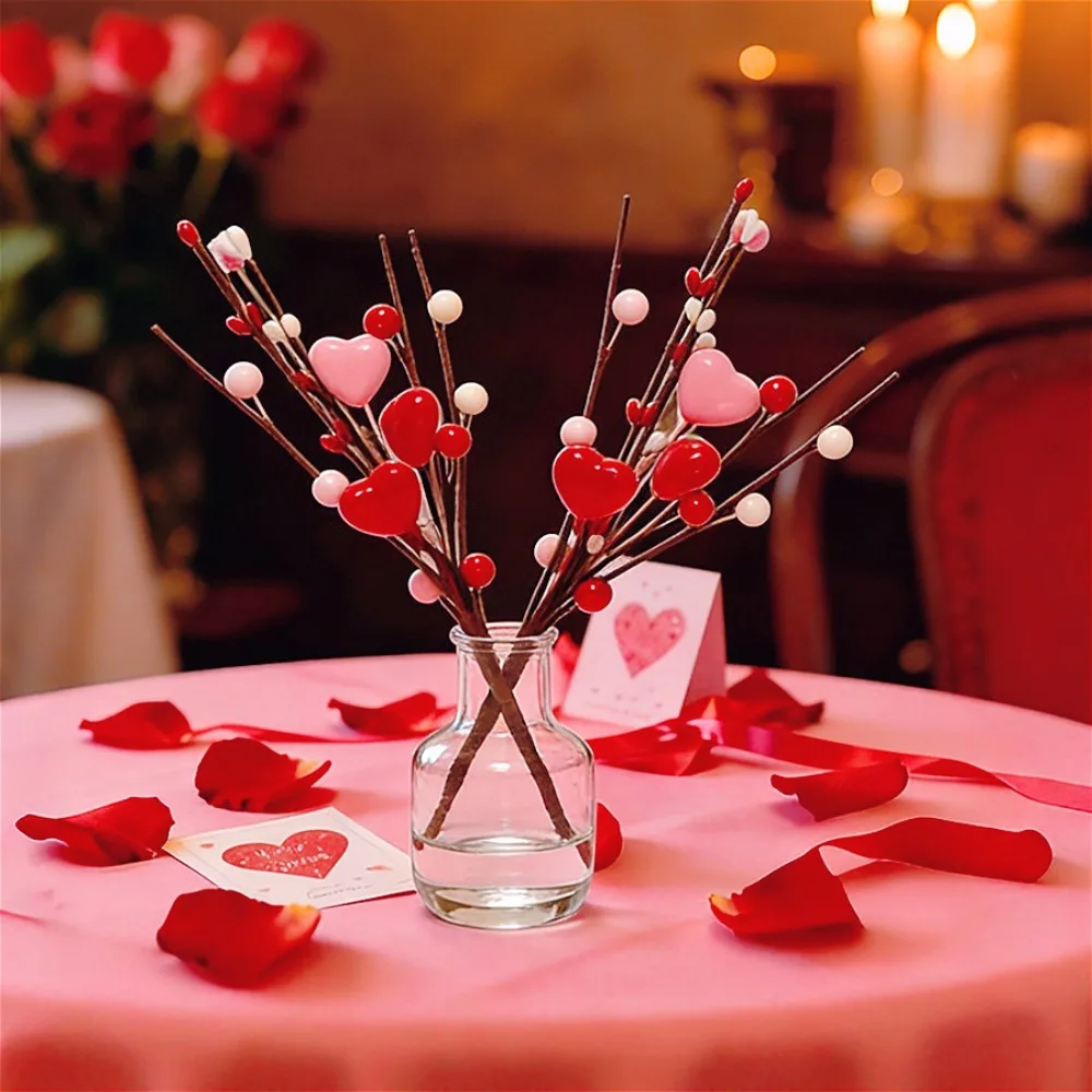

Romantic Valentine's Day Heart Berry Picks Artificial Red Pink Heart Decor Bedroom Living Room Bouquet Home Decoration