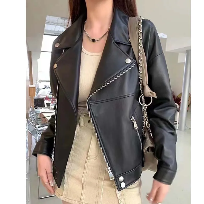 Locomotive Model Style Coat Spring Women Short Length Drop-Shoulder Short Length Turn-Down Collar Natural Real Sheepskin