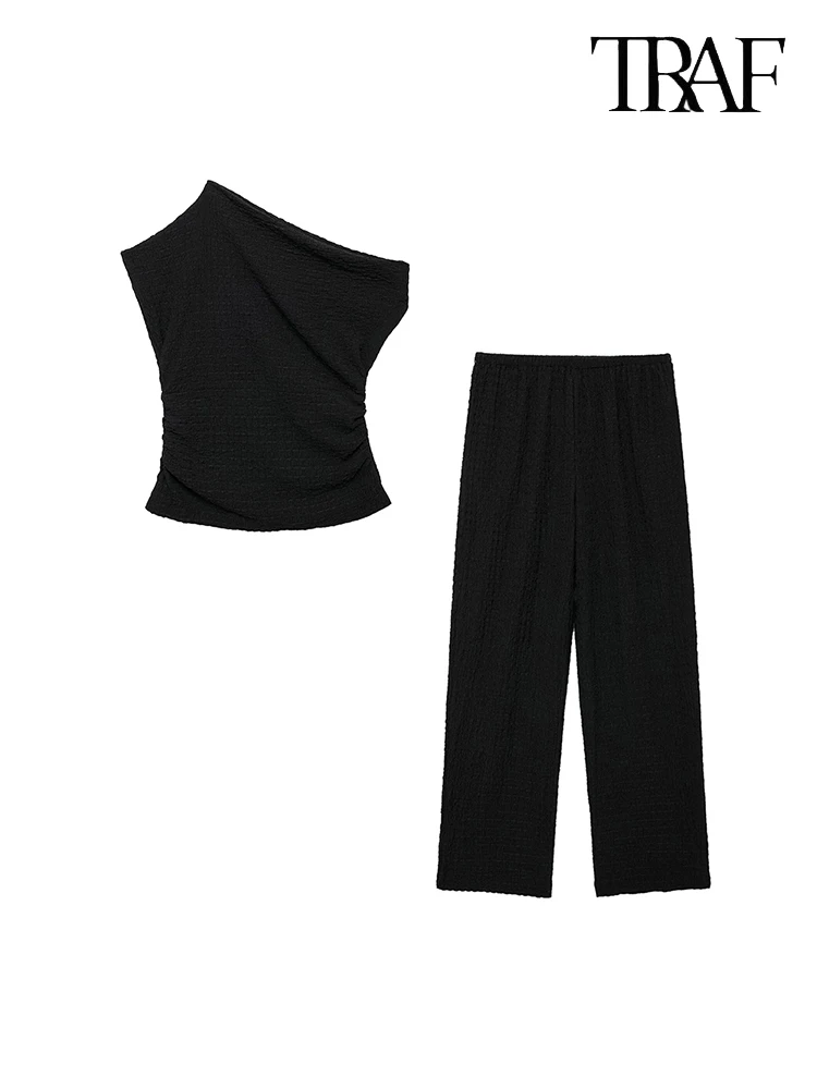 TRAF Women Fashion Elegant Solid Color Pleated Set Sexy Casual Camisole Top + High Waisted Wide Leg Pants Two Piece Set