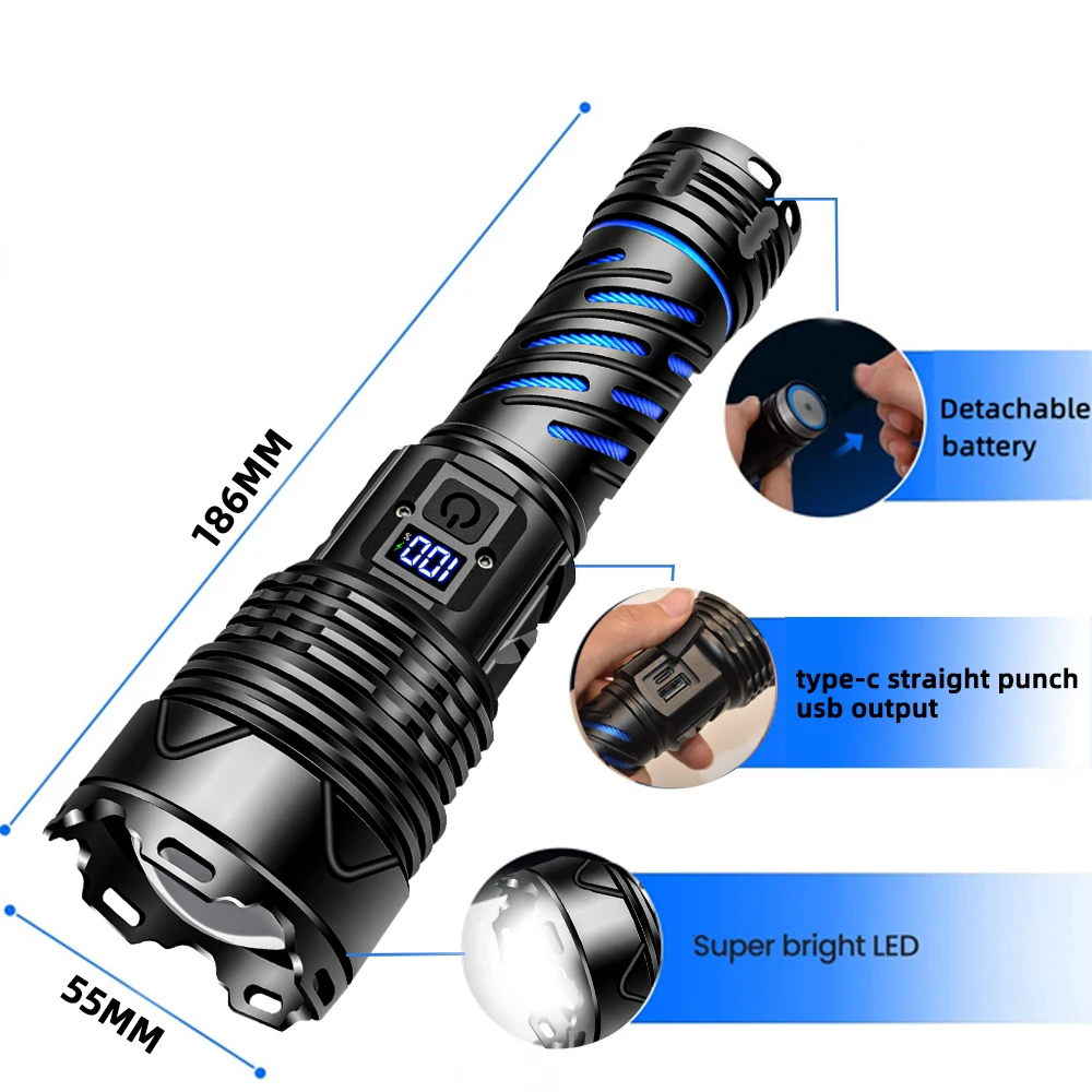 High Power XHP160 LED Flashlight USB Rechargeable Strong Light Tactical Torch Powerful Lamp Ultra Bright Lantern Outdoor Camping