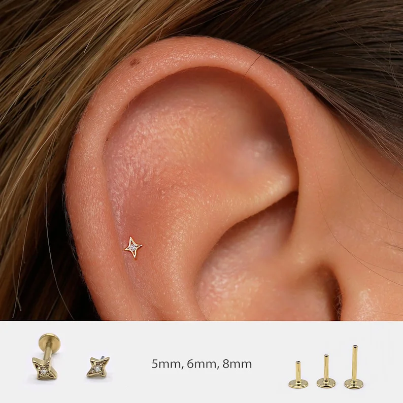 AIDE 925 Sterling Silver Shiny Quadrangular Star 16G 5/6/8mm Post for Women Cartilage Helix Flat Back Piercing Earring Gifts