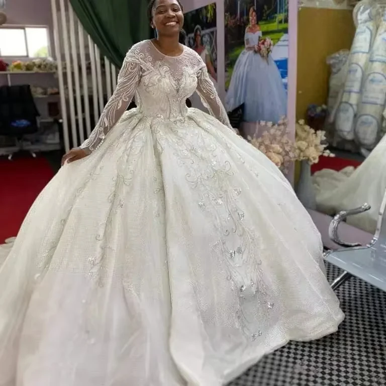 Personalizado estilo árabe vestido de baile vestidos de casamento mangas compridas plus size inchado brilhante vestidos de noiva robe de casamento