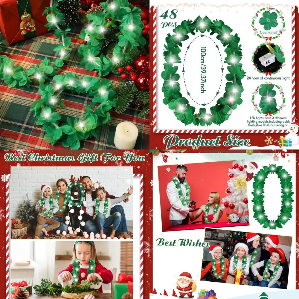 

48-компонентные светодиодные ожерелья с гавайскими цветами и подсветкой для тропических Луау, пляжных свадеб и маскарадных вечеринок (зеленые)