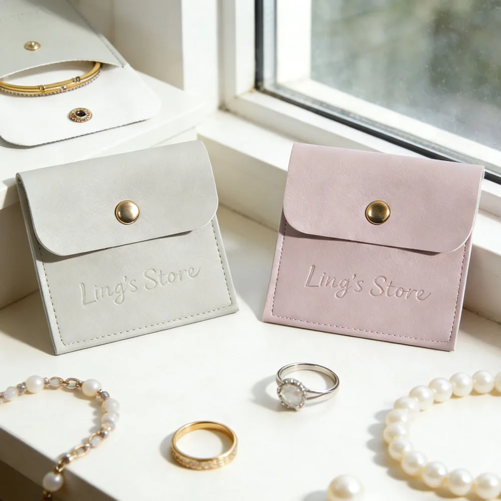 

50Pcs 8x8cm Custom Logo Leather Snap Jewelry Bag Rings Earrings Necklace PU Button Pouch Wedding Favors Gift Storage Organizer