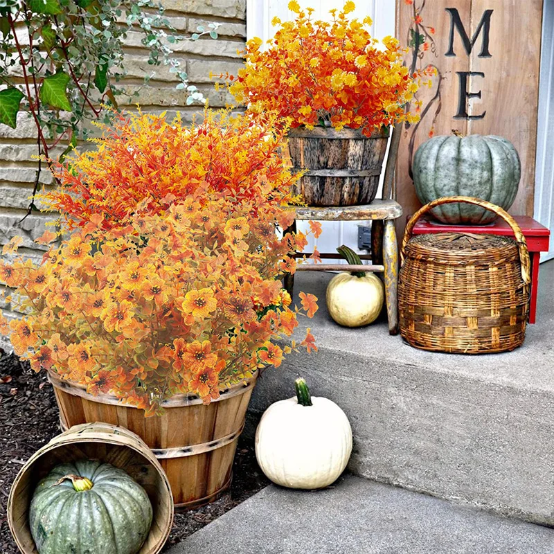 2PACKS Artificial Fall Flowers Fake Outdoor UV Resistant Autumn Plants for Home Kitchen Christmas Festival Thanksgiving Autumns