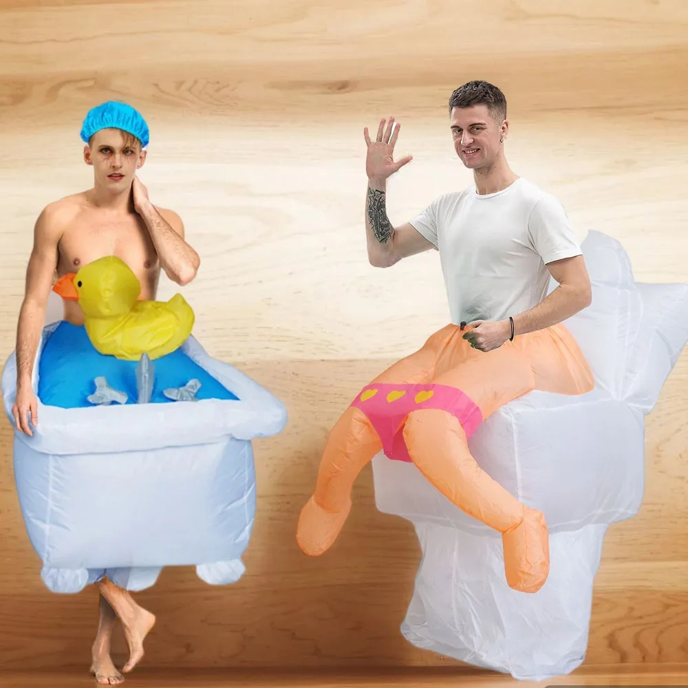 

Funny Inflatable Bathtub with Rubber Duck and Toilet Costume for Men Adult Halloween Party Cosplay Fancy Dress Blow Up Suit