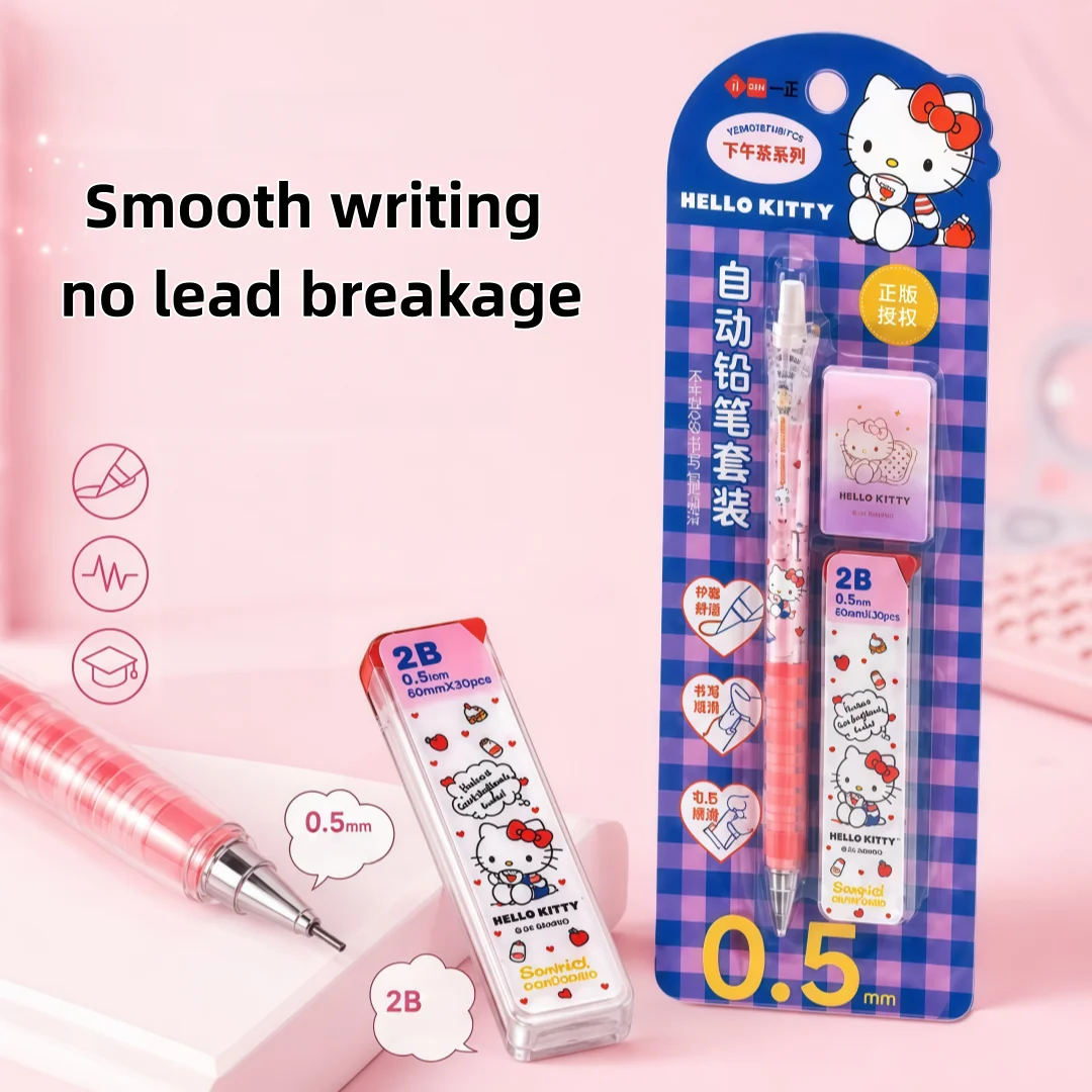 Sanrio Hello Kitty Automatic Pencil Set 0.5mm Includes 1 Eraser and 15 Lead Refills Student Writing Stationery Set