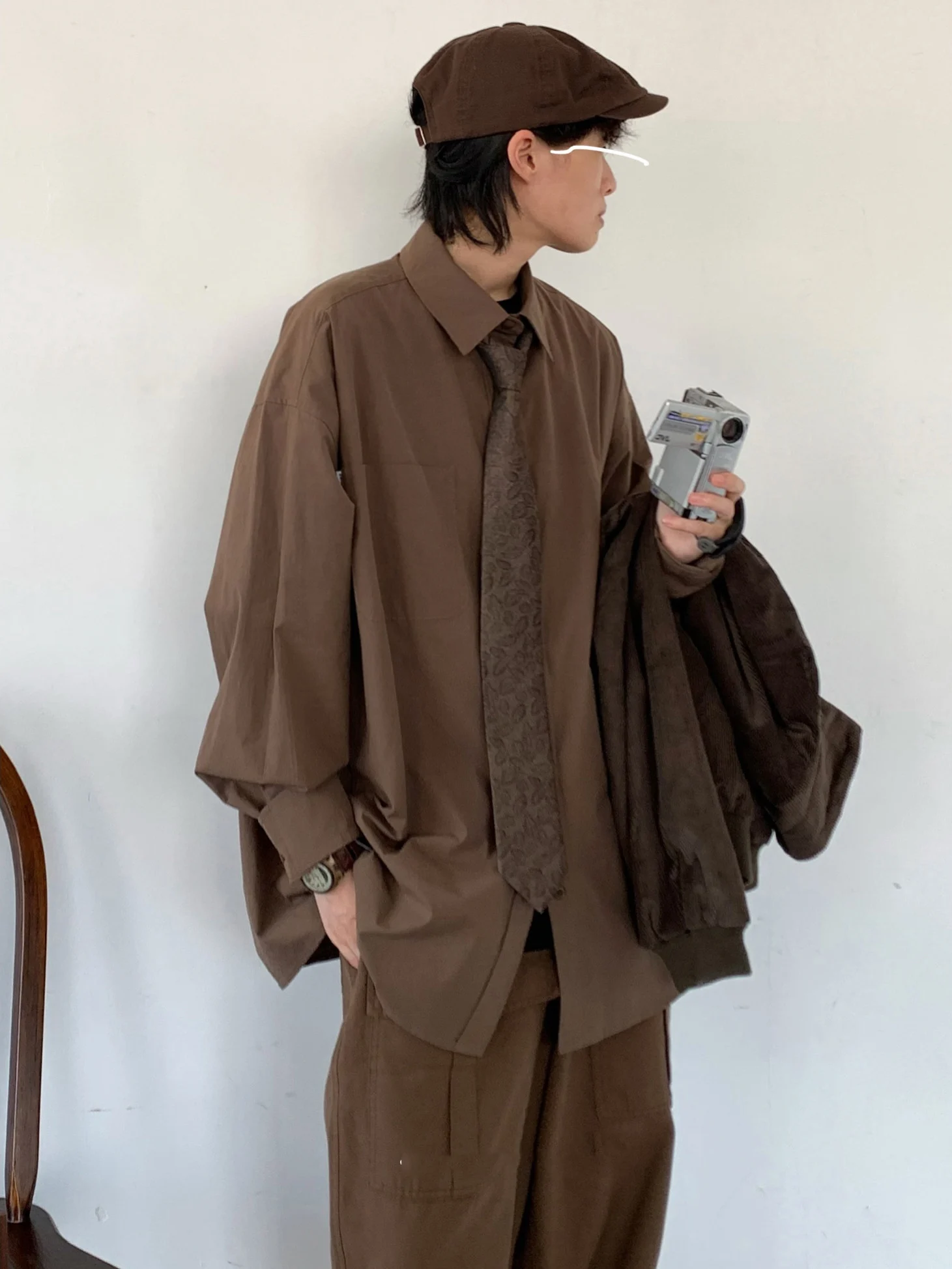 

Retro Japanese Sle Long Sve irt Casual Loose Workwear Pure Color ex Autumn Outerwear Faion Urban Youth Daily