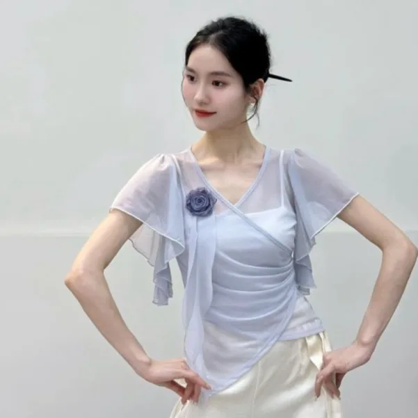Elegant Floral Net Dance Costume Women's Practice Uniform Body Shape Performance Shirt Classical Dance Outfit Fairy Atmosphere