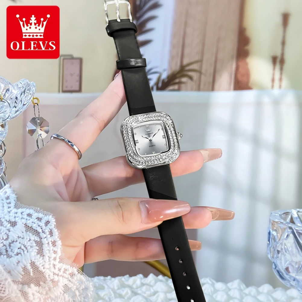 OLEVS Diamond Watch Women Luxury Fashion Square Dial Leather Strap Waterproof Original Quartz Wristwatches women Reloj de mujer