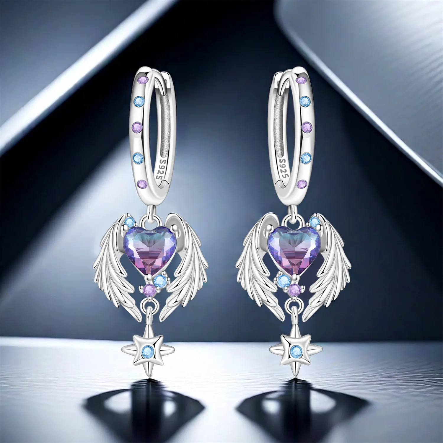PANPOKI 925 Sterling Silver Wings Gradient Purple Love Heart Drop Earrings Women Earrings Fashion Party Original Jewelry Gifts
