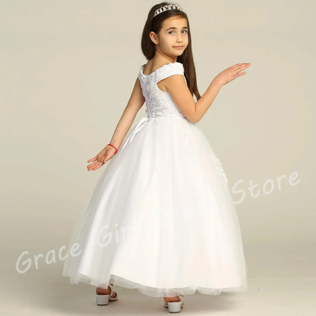 

Customized Ivory Flower Girl Dress For Wedding Appliques Short Sleeves Fluffy Elegant Kids First Holy Communion Bridesmaid Gown