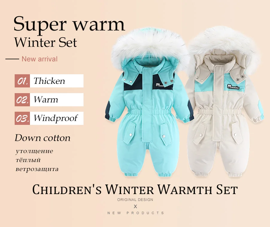 30 Grad Winter Baby Kleidung Overalls Outwear Anzüge Für Kleinkinder Baby Ski Anzug Dicken Baby Overall Wasserdicht Mit Kapuze Für mädchen – Detail 2
