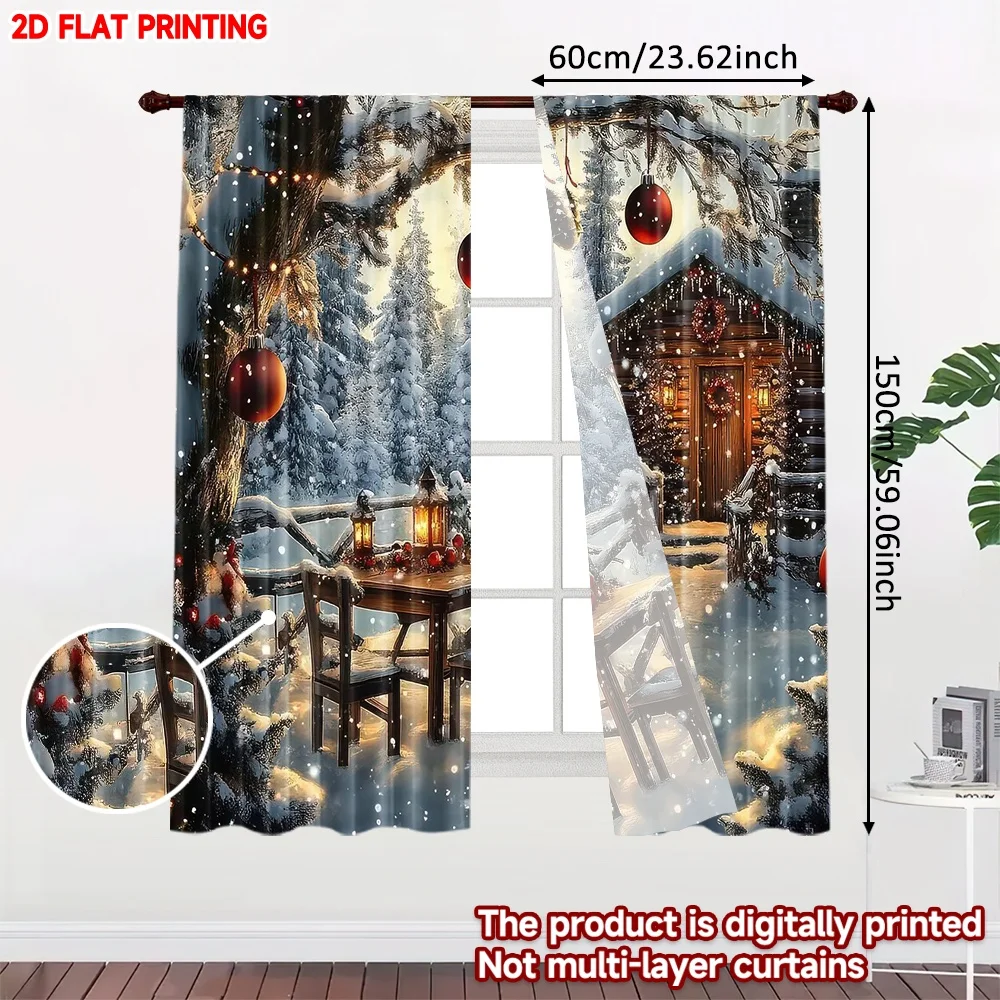 2D flat printing 2pcs Christmas Hot Curtains Christmas Snowy Cabin Scene Digital Printed Polyester Drapes Birthday Party Perfect
