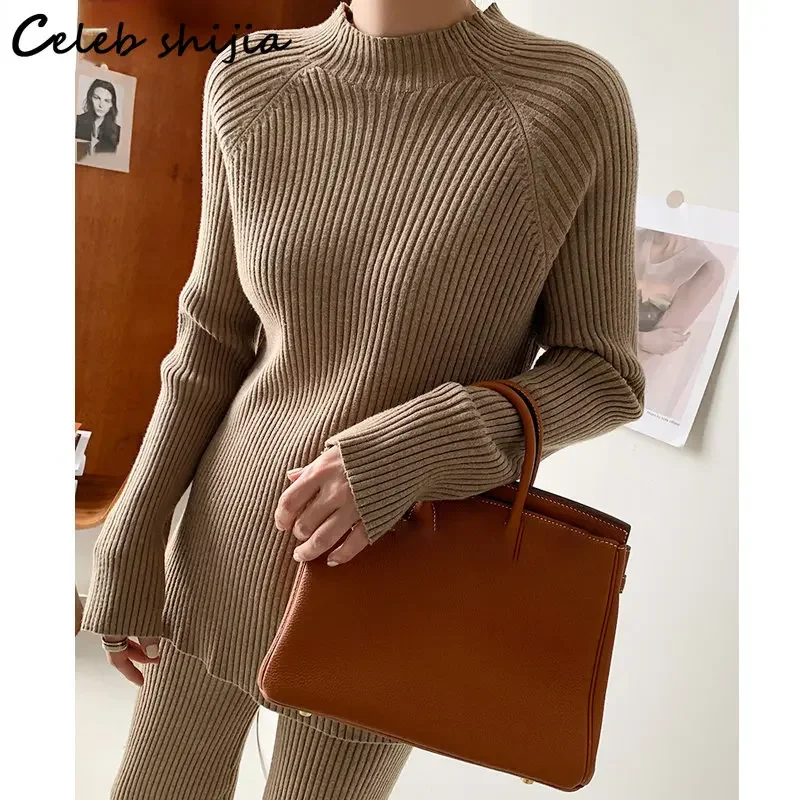 

Camel Chic Women Two Piece Sets Knitted Winter Raglan Sleeve Sweater + High Waisted Pants Ladies Korean Wool Pant Sets Fall