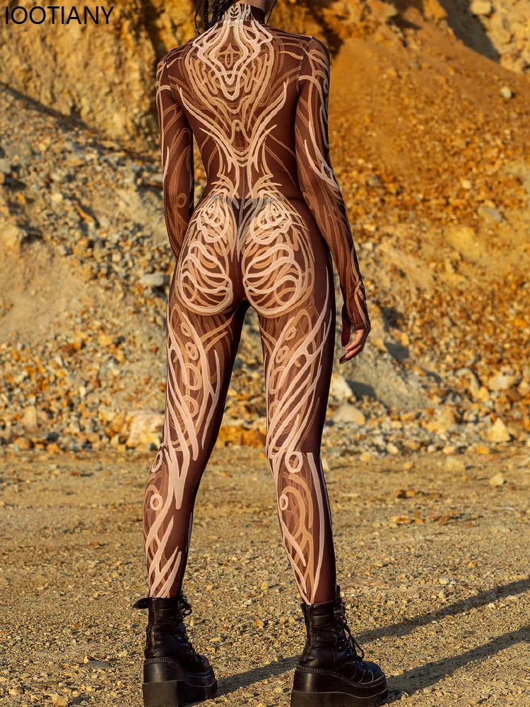 Women Red Phantom Mesh Jumpsuit Wood Shell Mesh Bodysuit Halloween Zentai Suit Outdoor Adventure Theme Party Catsuit Rave Outfit