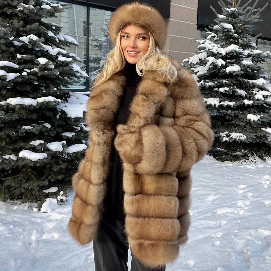 

Women's Jacket Long Natural Fox Fur Jackets Turndown Collar Genuine Fox Fur Coats High Quality Warm Winter Real Fur Coat