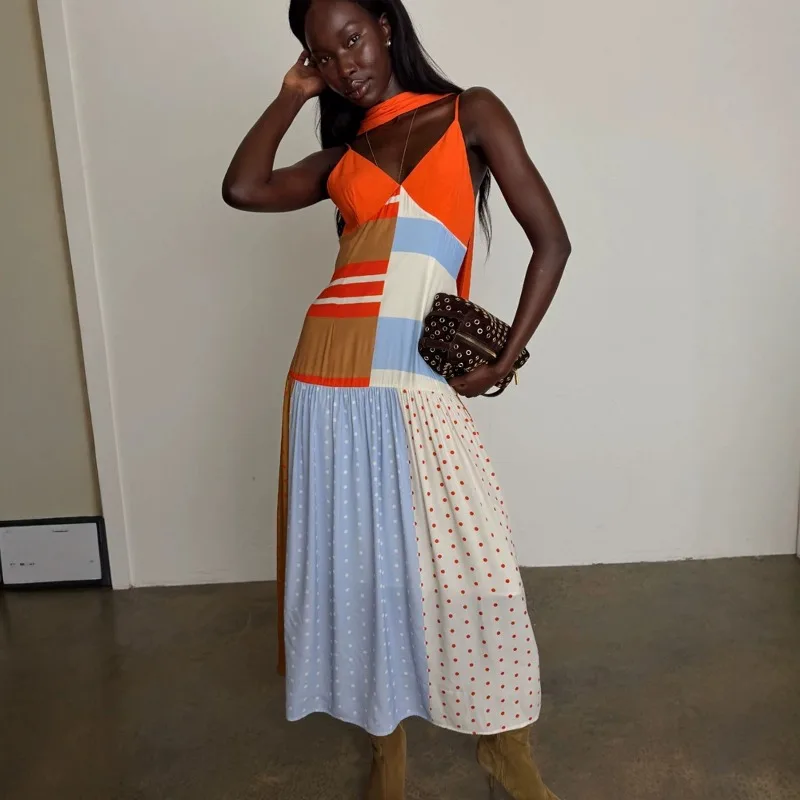 y2k beach dress Women's Color Block Polka Dot Holiday Party Midi Summer Halter Neck Sleeveless Boho Vacation Long Dress 2026 Lace this maxi dress is Mix Match Royal Blue Size:M | Dark Charcoal Mélange 100at50usbf25