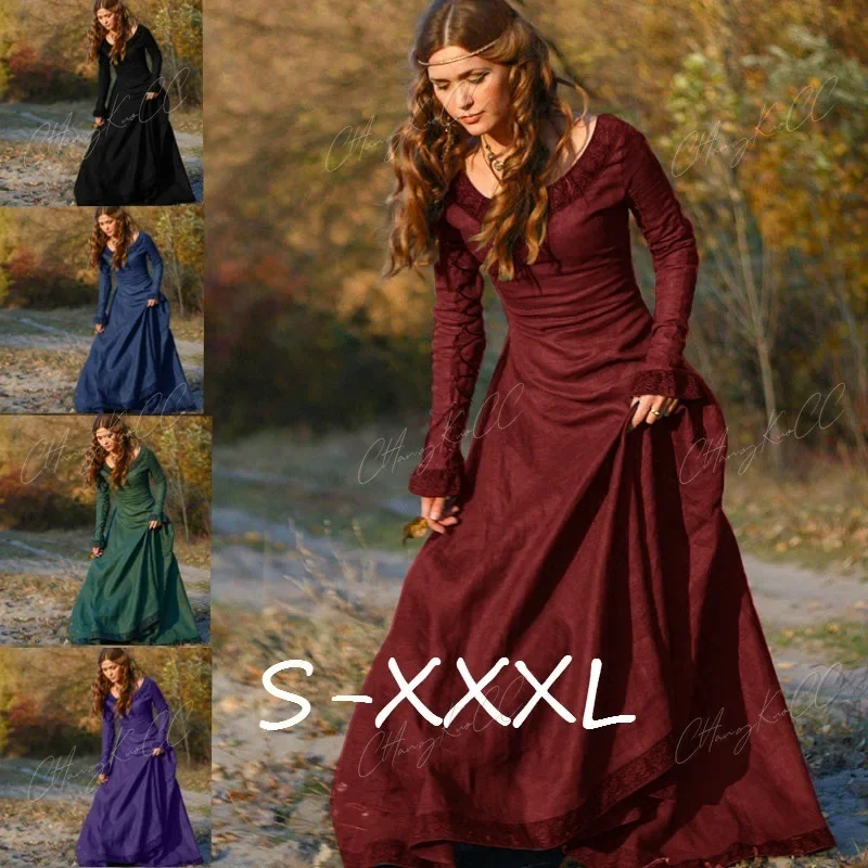 Robe longue Renaissance médiévale, robe de reine celtique, fête d'Halloween, costume de cosplay, col rond, robe maxi S-3XL