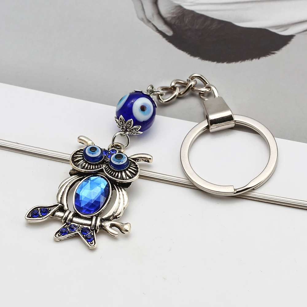 Lucky Eye Alloy Elephant Owl Pendant Keychain Blue Turkish Evil Eye Bead Key Chain Handmade Car keyring for Women Men BE683