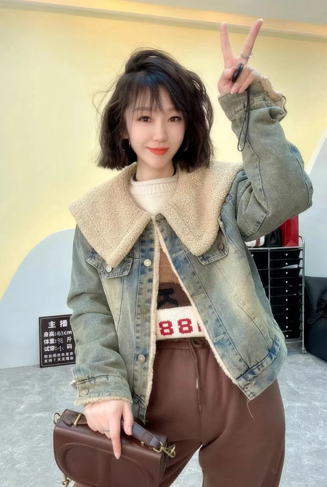 

Denim Coats With Rhinestone Woman Fur Plush Womens Winter Drawstring Regular-Fit Padded Outcoats Vacation Boho Style Pocketed OL