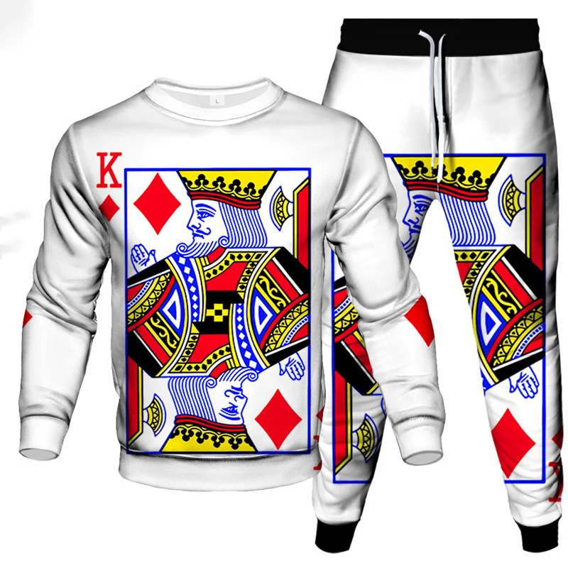 Fashion Autumn Poker 3D Print Men\'s Sportswear Set Casual Long-Sleeved T Shirt Pants 2-Piece Set Oversized Pullover Men Clothing